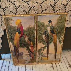 Vinatge Mid-century Bird Oil Painting Set Of 2 Tiki Bar