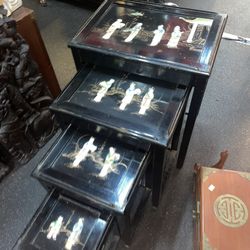Vintage Japanese 4 Nesting End Tables Side Stone Inlay Chinoiserie Black