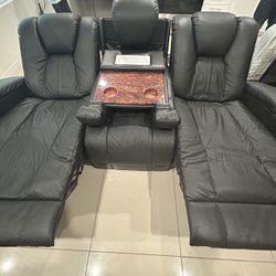 Electric Reclinable Black Leather Couch