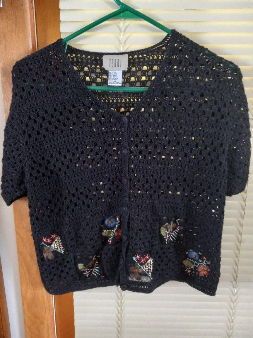 Cardigan Sweater Women's Size M Black Crochet Short Sleeve Spring