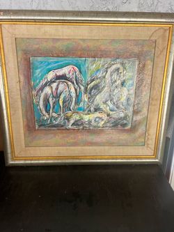 Vintage oil canvas horse painting frame