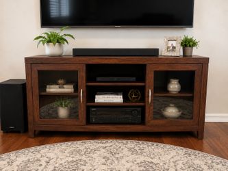 Solid Wood TV Stand / Media Console with Glass Doors – Excellent Condition