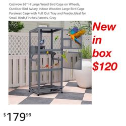 New in box  Coziwow 68" H Large Wood Bird Cage on Wheels, Outdoor Bird Aviary Indoor Wooden Large Bird Cage Parakeet Cage with Pull Out Tray $120