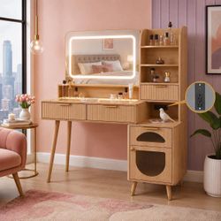 48" Fluted Vanity Desk with LED Mirror & USB Charging – Smoked Glass Top