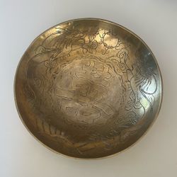 Heavy 10” Handmade 1960 Solid Brass Etched Bowl Vintage China
