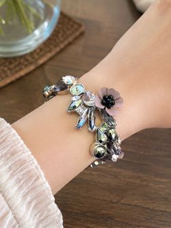 Lavender Floral Rhinestone Stretchy Bracelet
