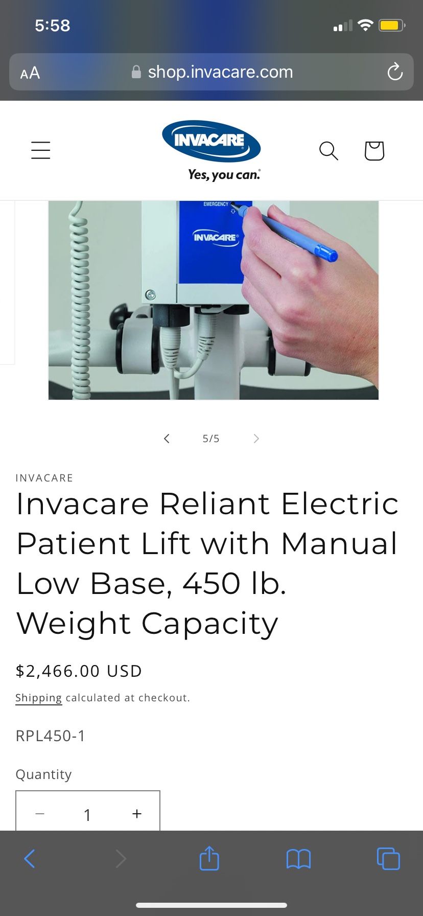 Invacare Electric Lift 450lbs Cap
