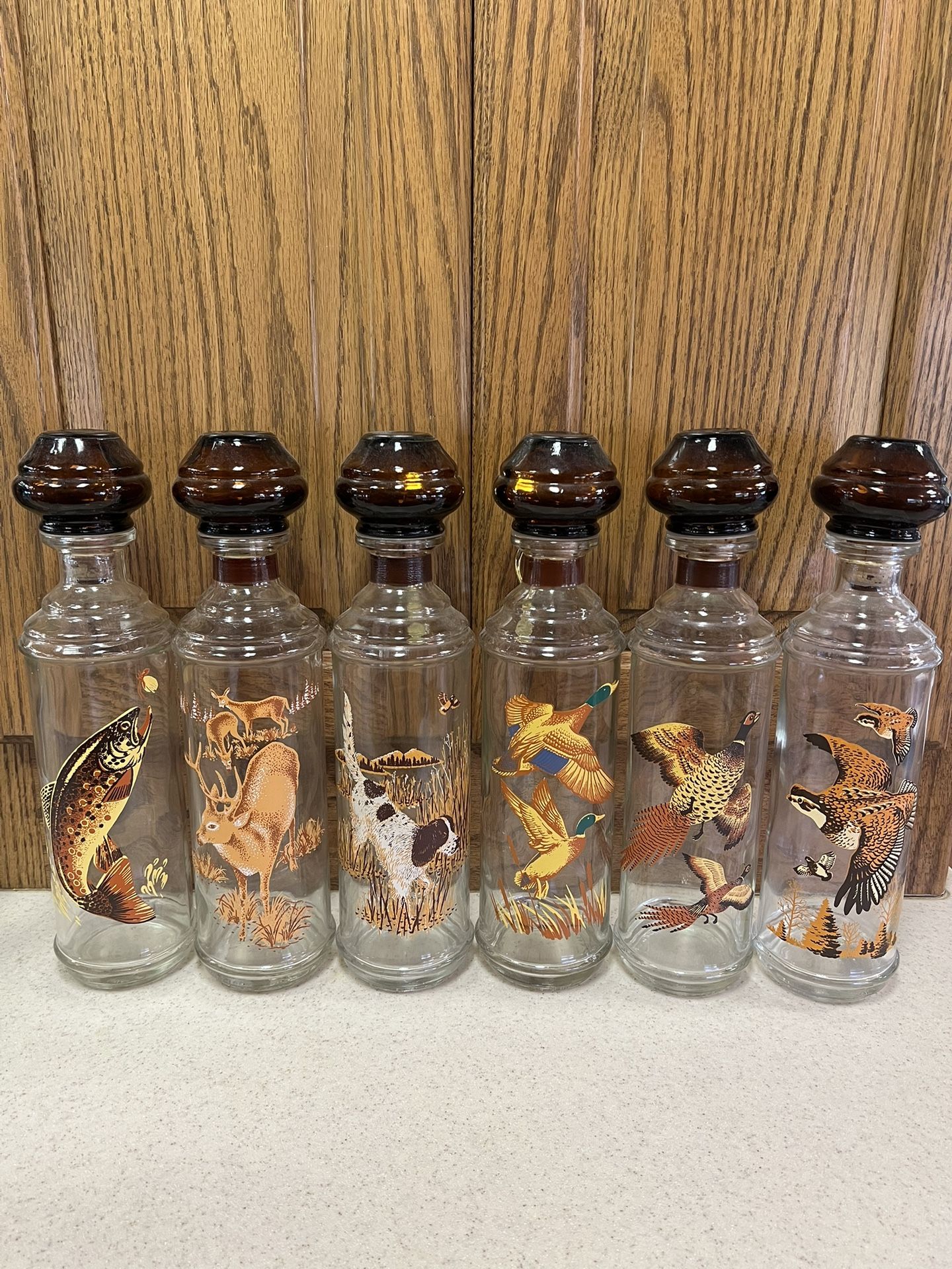 Vintage 1970’s Cabin Still Decanter Glass Bottles Set Of 6 Wildlife