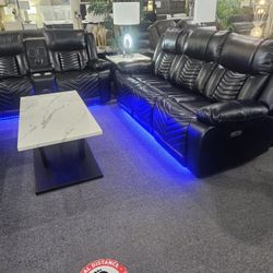 Brand New Black Synthetic Leather Blue LED Motorized Reclining Sofa + Loveseat With Bluetooth Speakers, Wireless Charging, Reading Lights, Cup Holders