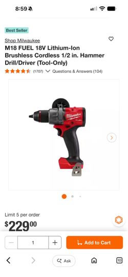 M18 FUEL 18V Lithium-lon Brushless Cordless 1/2 in. Hammer Drill/Driver (Tool-Only) (1707) V