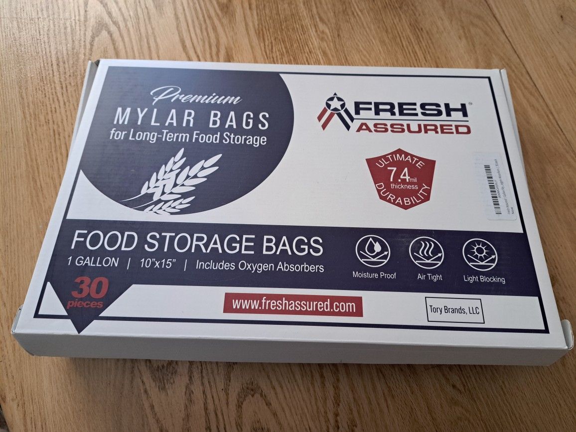 NEW - Fresh Assured
1 Gallon Mylar Bags for Food Storage with Oxygen Absorbers | 30 pack | 5 mil

