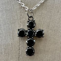 Black Beaded Cross Pendant Necklace 