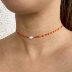 Beaded Choker Necklace Orange Blue
