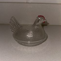 Vintage RARE HOCKING Glass Hen On Nest Clear Chicken RED Comb Candy Dish B29