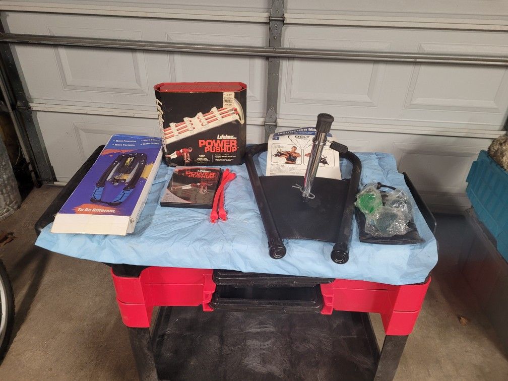 EXERCISE BUNDLE, (1) POWER PUSH UPS KIT, (1) DELT FORCE SHULDER ISOLATION EXERCISER, (1) ARM STRENGTH POWER MACHINE, $60.00 OR BEST OFFER.            