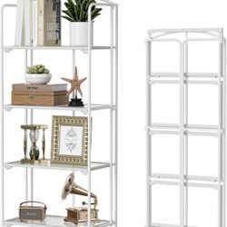 Folding Bookshelf for Living Room, 4 Tier White Collapsible Book Shelf for Home Office, Portable Bookcase Storage Organizer White Frame & Transparent 