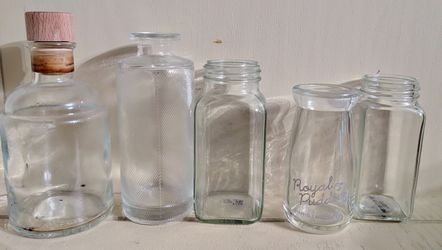 small glass jars, mini accent vases, corked bottle -ALL for $5