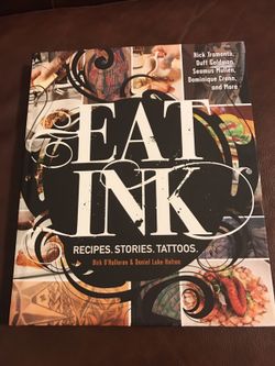 Eat Ink Recipe Book By Tattooed Chefs 8.5" X 10". 303 Pages Was 29.99 Pictures of the people and their tattoos and their stories and their recipes.