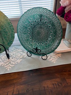 Turquoise Embossed Decorative Glass Plates Set of 2