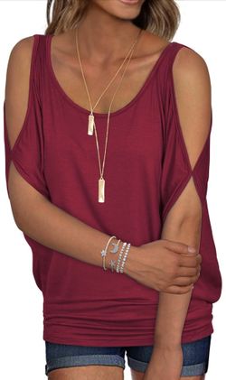 Womens Summer Cold Shoulder Tops Casual Scoop Neck Loose Fit T Shirt