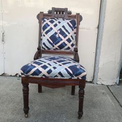 Antique Eastlake Style Victorian Parlor Chair Ornate Wood Upholstered Casters