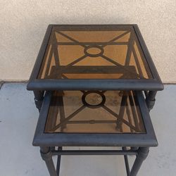 Set of 2 Brown Iron Look Metal Smoke Glass Spanish Style Indoor  Outdoor End Tables 18 " x 18" x 20" H, 14" x 14" x 18" H