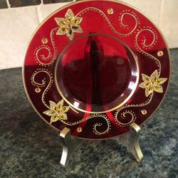 Vintage Red Christmas Pillar Candle Holder- Gold Trim Flowers- Set Of2