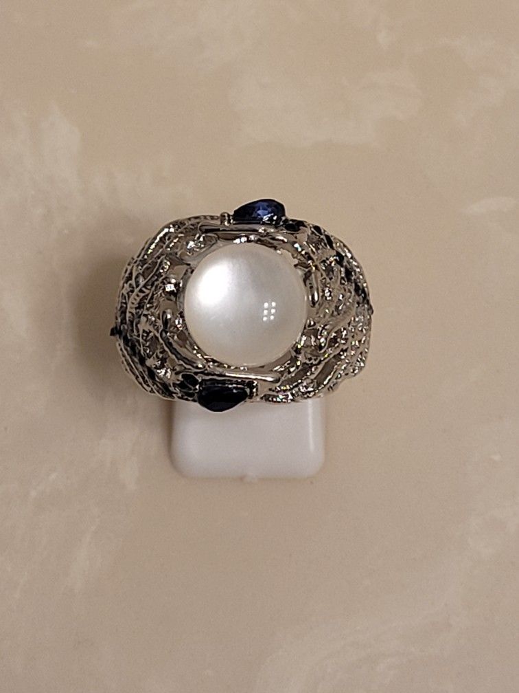 Silver and Sapphire Moonstone Ring Size 10