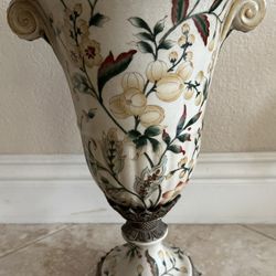 Tall Floor Porcelain Vase with Bronze Base and Accents, dry flowers are included