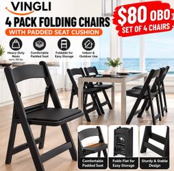 VINGLI 4-Pack Resin Folding Chairs w/ Padded Seats – Black – New