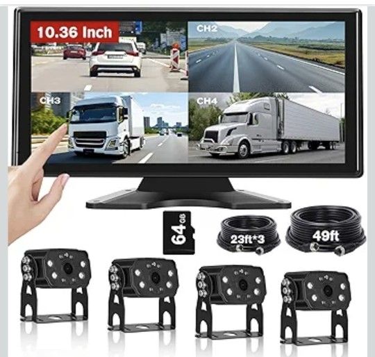RV Backup Camera System, 10.36" Touch Monitor with Blind Spot Detection, 64GB Card, DVR Loop Recording, Music Video Play, 4 1080P IP69 Waterproof & IR
