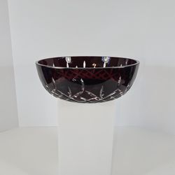 Vintage Bohemian Hand Cut To Clear Glass Ruby Red Bowl