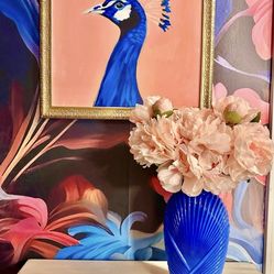 Blue Peacock Painting, Vintage Cobalt Blue Vase, Peony Flowers