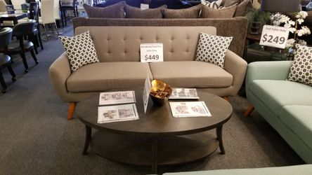 Brand new 82" tan or teal retro sofa + 2 accent pillows