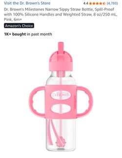 Dr. Brown's Milestones Narrow Sippy Straw Bottle, Spill-Proof with 100% Silicone Handles and Weighted Straw, 8 oz/250 mL, Pink, 6m+