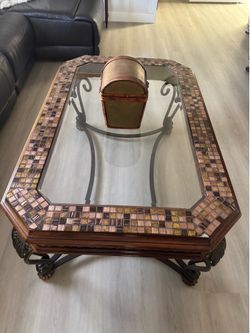 Wood, glass, tile, metal, coffee table