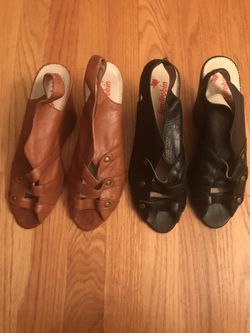 Tobacco and black wedge sandals