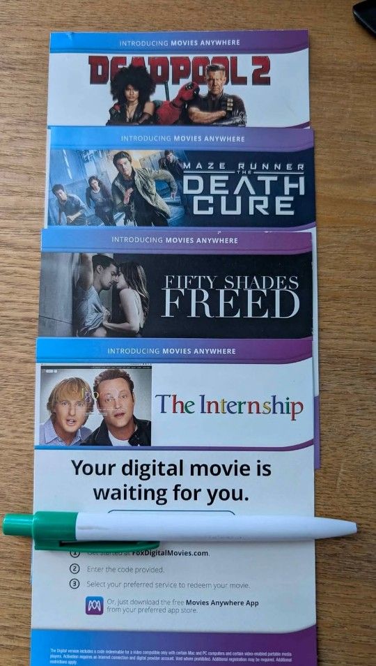 digital movie codes (Deadpool 2, maze runner death race, fifty shades freed, internship)