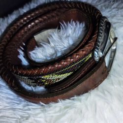 VINTAGE Southwestern Braided Brown Leather Belt 28