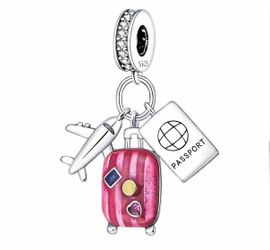 Plane, Passport and Pink Suitcase Triple Dangle Charm