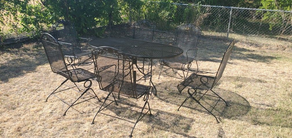 Family Wrought-Iron With Six Russell Woodard Coil Spring Chairs