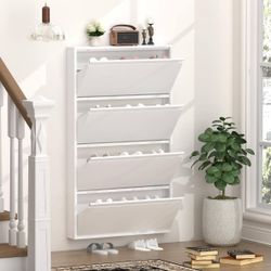Metal Shoe Cabinet with 4 Flip Drawers, Wall Mount Metal Shoe Organizer for Entryway. Damaged