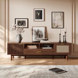 67” Mid-Century Walnut Finish Modern TV / Media Stand w/ Rattan / Cane Accents & Storage [NEW] **Retails for $280 <Assembly Req>