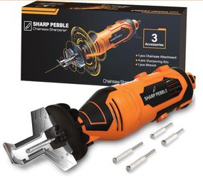 Sharp Pebble Electric Chainsaw Sharpener Kit - Comes With Chain Saw Sharpener Tool, 4 File Size Sharpening Wheel Bits, Angle Attachment, Wrench & EBoo