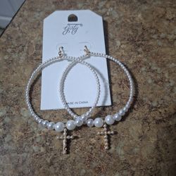 Cross Pearl Hoop Earrings 