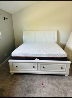 White Wood Sleigh Bed Frame with Storage Drawers