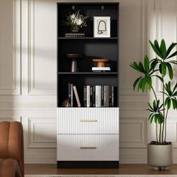 63" Tall Bookshelf with 2 Drawers, 3 Shelf Modern Bookcase with Adjustable Shelf, Open Shelves Bookcase, Unique Book Shelf for Home Office, Black & Wh
