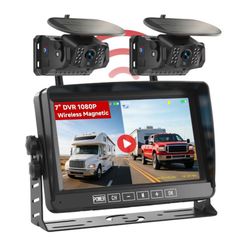 ☆ Dual Wireless Magnetic Backup Camera for Trailer - 7” 1080P HD 4CH Monitor with Solar 15000mAh Rechargeable Night Vision Rear Camera, DVR Loop Recor