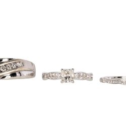 Complete Wedding & Engagement Band Set Women's Platinum Men's White Gold Diamonds

Women's Platinum Diamond Engagement Ring & Wedding Band
Men's 14k W