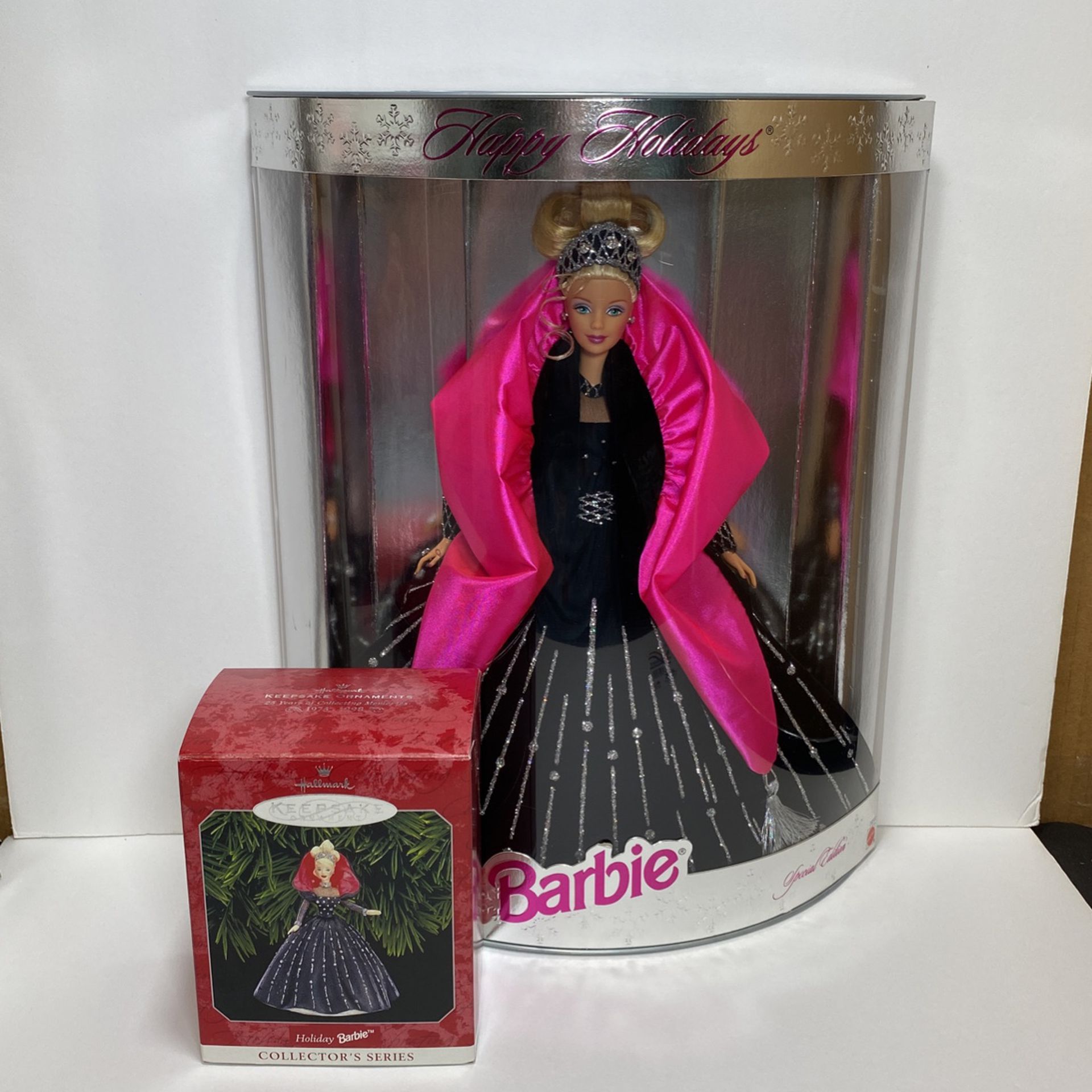 Happy Holidays Barbie 1998 MISPRINT & Hallmark Ornament NIB